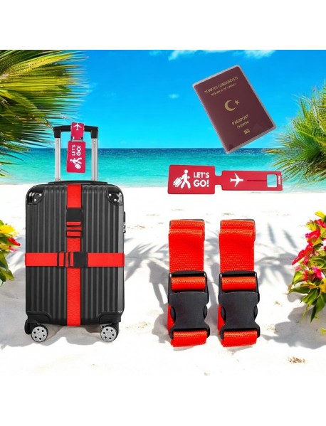 Valiz kemeri 2 adet + etiket 1 adet + Şeffaf pasaport kılıfı 1 adet